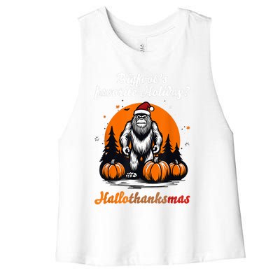 Bigfoots Hallothanksmas Holiday Pumpkin Field Christmas Hat Women's Racerback Cropped Tank