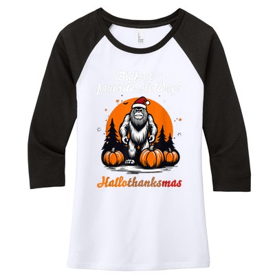 Bigfoots Hallothanksmas Holiday Pumpkin Field Christmas Hat Women's Tri-Blend 3/4-Sleeve Raglan Shirt