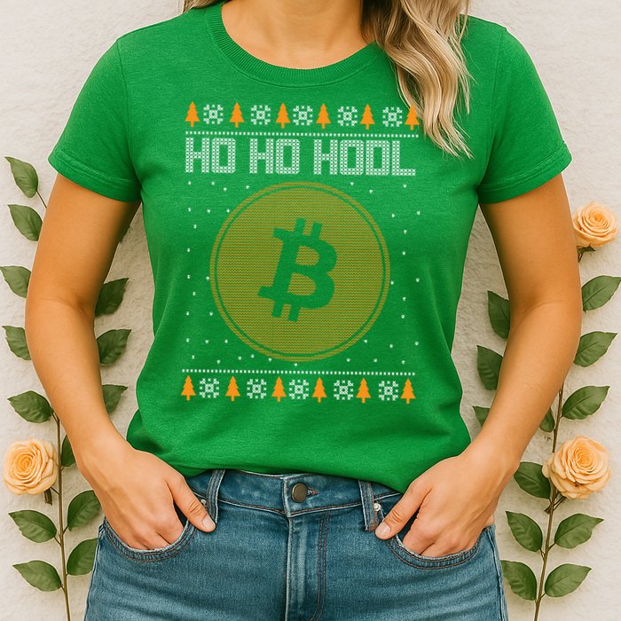 Bitcoin Ho Ho Hodl Crypto Ugly Christmas Womens T-Shirt