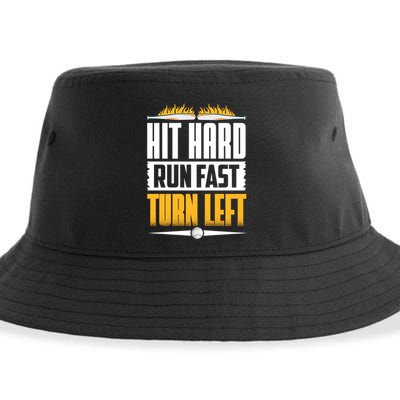Baseball Hit Hard Run Fast Turn Left Funny Pitcher Gift Sustainable Bucket Hat