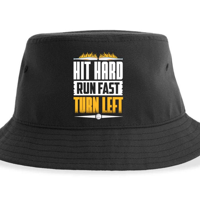 Baseball Hit Hard Run Fast Turn Left Funny Pitcher Gift Sustainable Bucket Hat