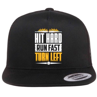 Baseball Hit Hard Run Fast Turn Left Funny Pitcher Gift Flatbill Hat