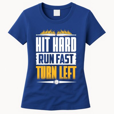 Baseball Hit Hard Run Fast Turn Left Funny Pitcher Gift Womens T-Shirt