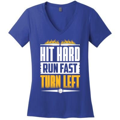 Baseball Hit Hard Run Fast Turn Left Funny Pitcher Gift Women's V-Neck T-Shirt