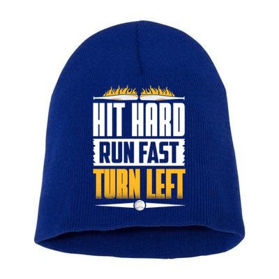 Baseball Hit Hard Run Fast Turn Left Funny Pitcher Gift Short Acrylic Beanie