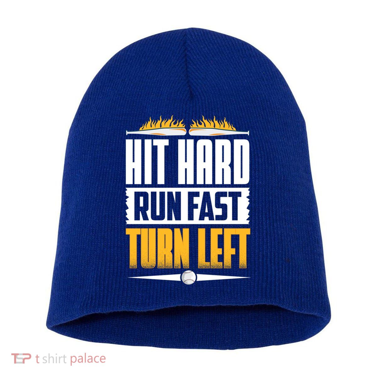 Baseball Hit Hard Run Fast Turn Left Funny Pitcher Gift Short Acrylic Beanie