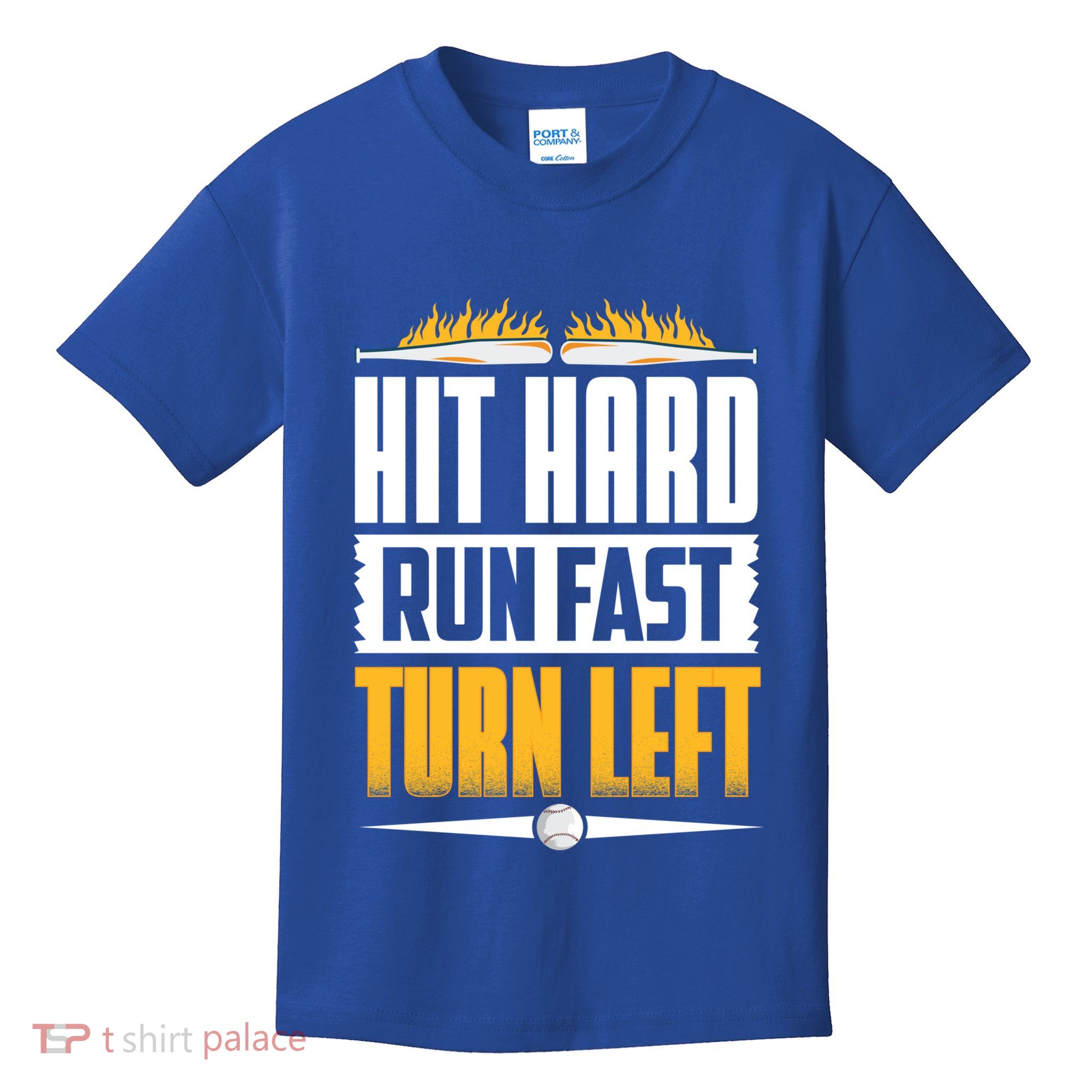 Baseball Hit Hard Run Fast Turn Left Funny Pitcher Gift Kids T-Shirt