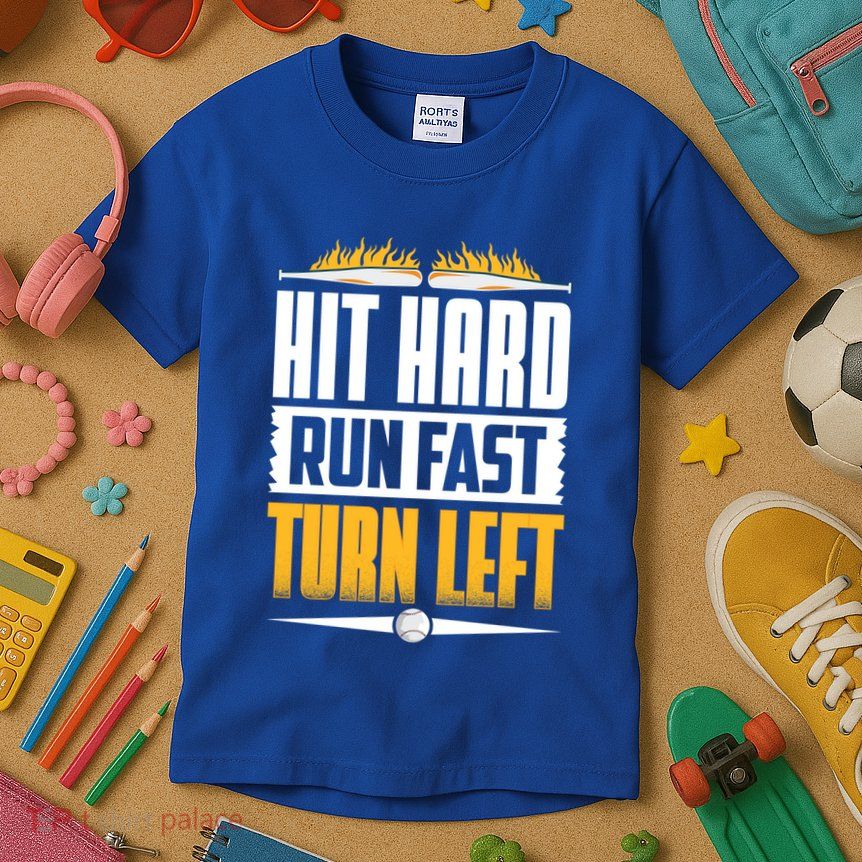 Baseball Hit Hard Run Fast Turn Left Funny Pitcher Gift Kids T-Shirt