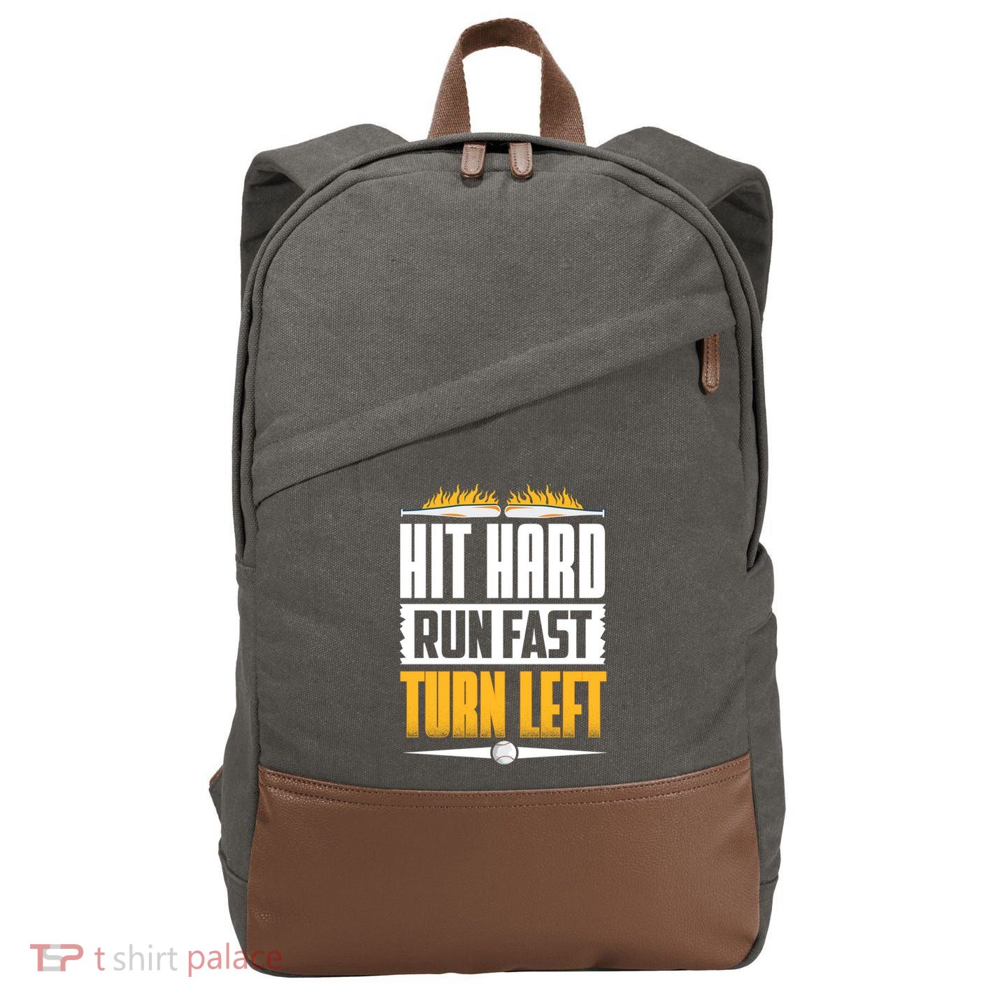 Baseball Hit Hard Run Fast Turn Left Funny Pitcher Gift Cotton Canvas Backpack