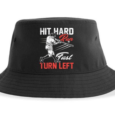 Baseball Hit Hard Run Fast Turn Left Funny Sport Vintage Gift Sustainable Bucket Hat