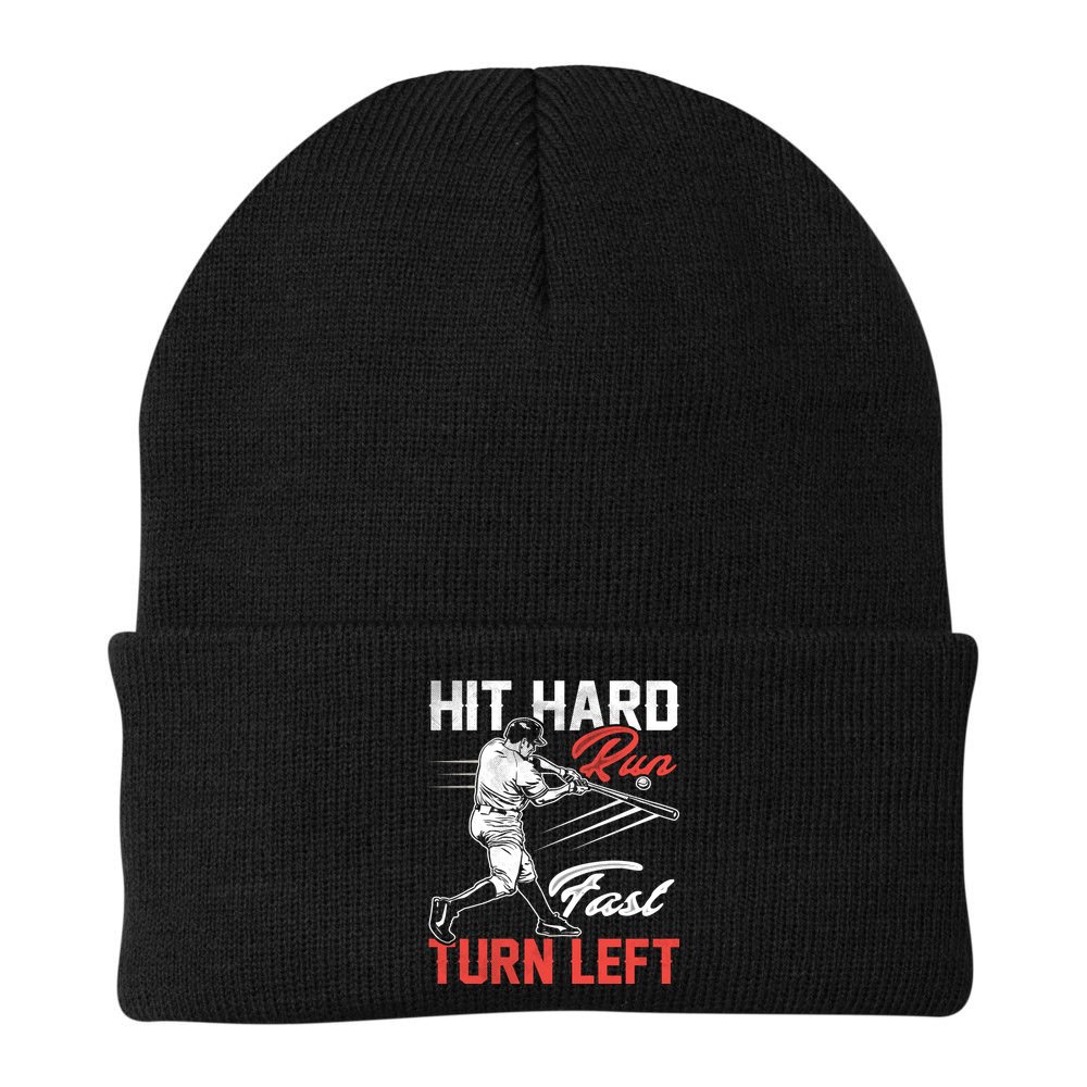 Baseball Hit Hard Run Fast Turn Left Funny Sport Vintage Gift Beanie
