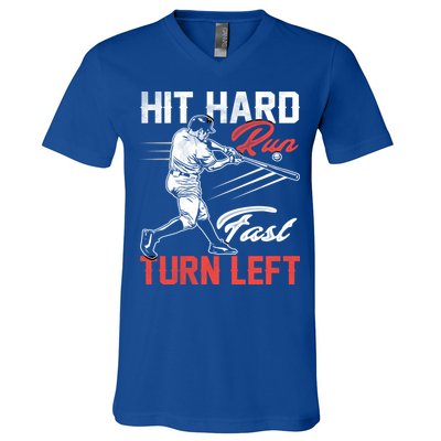 Baseball Hit Hard Run Fast Turn Left Funny Sport Vintage Gift V-Neck T-Shirt