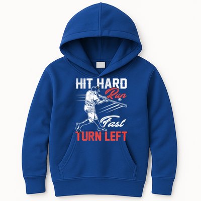 Baseball Hit Hard Run Fast Turn Left Funny Sport Vintage Gift Kids Hoodie