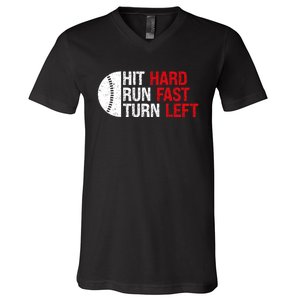 Baseball Hit Hard Run Fast Turn Left Funny Sport Baseball V-Neck T-Shirt