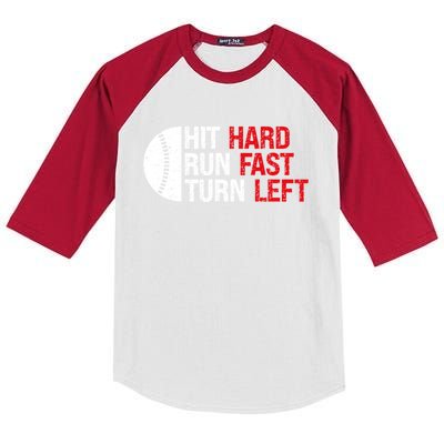 Baseball Hit Hard Run Fast Turn Left Funny Sport Baseball Kids Colorblock Raglan Jersey