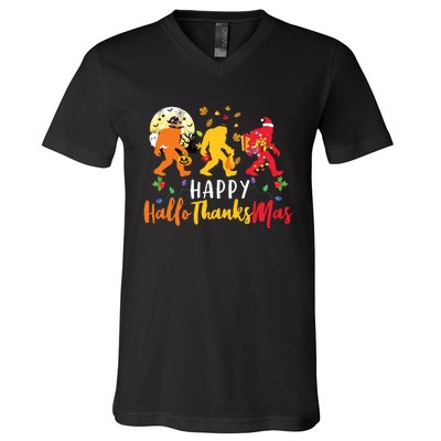 Bigfoot Happy Hallothanksmas Halloween Thanksgiving Xmas V-Neck T-Shirt