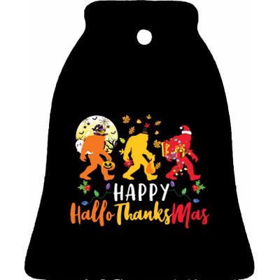 Bigfoot Happy Hallothanksmas Halloween Thanksgiving Xmas Ceramic Bell Ornament