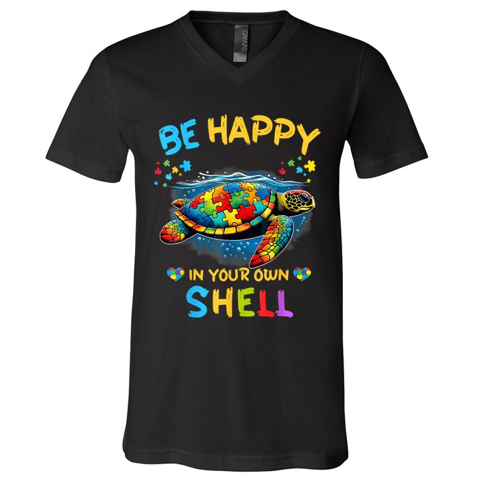 Be Happy In Your Own Shell Autism Awareness Turtle V-Neck T-Shirt