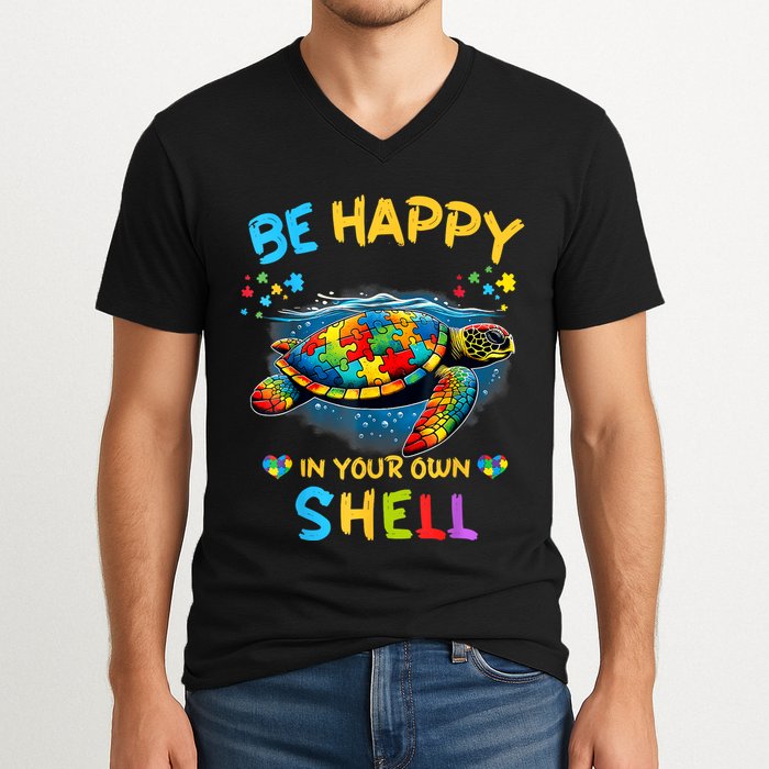 Be Happy In Your Own Shell Autism Awareness Turtle V-Neck T-Shirt