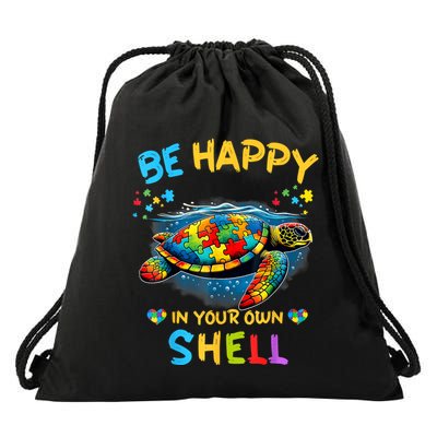 Be Happy In Your Own Shell Autism Awareness Turtle Drawstring Bag