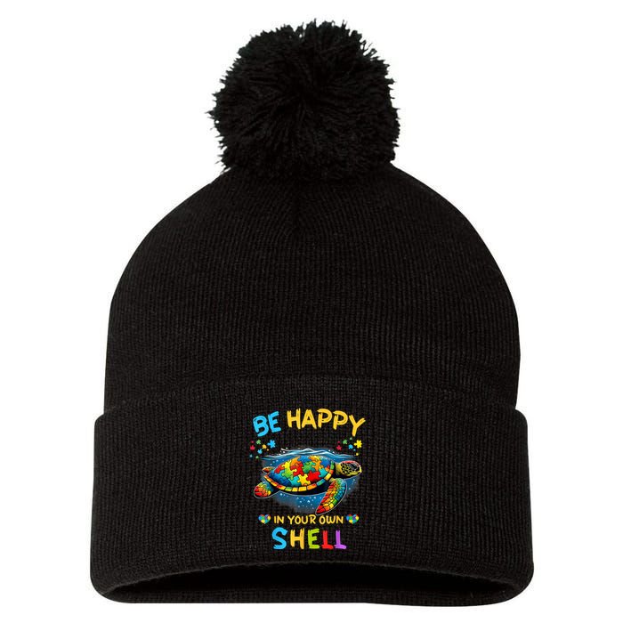 Be Happy In Your Own Shell Autism Awareness Turtle Pom Pom 12in Knit Beanie