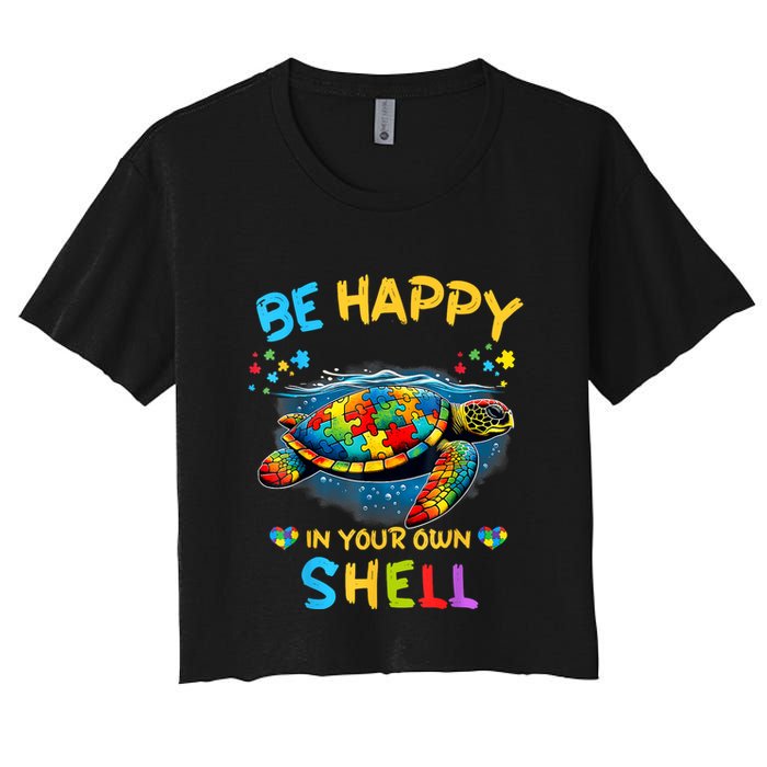 Be Happy In Your Own Shell Autism Awareness Turtle Crop Top
