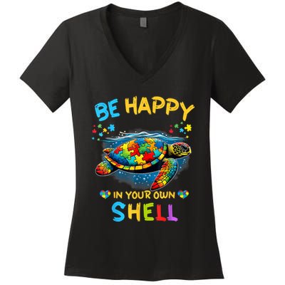Be Happy In Your Own Shell Autism Awareness Turtle Women's V-Neck T-Shirt