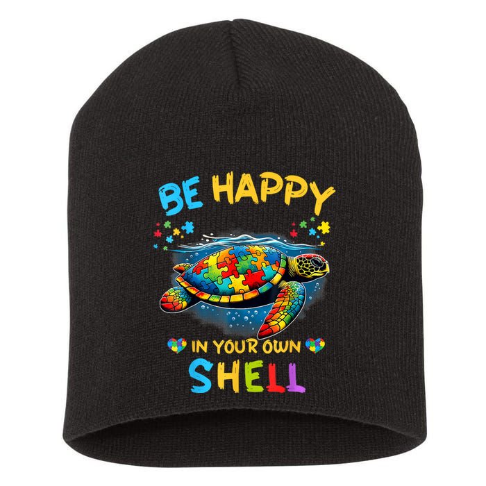 Be Happy In Your Own Shell Autism Awareness Turtle Short Acrylic Beanie