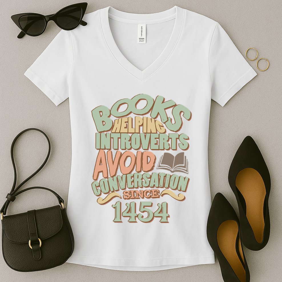 Books Helping Introverts Avoid Conversation 1454 Women's V-Neck T-Shirt