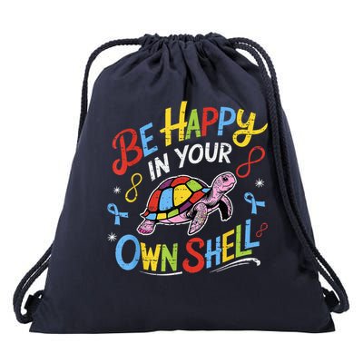 Be Happy In Your Own Shell Autism Awareness Turtle Autistic Drawstring Bag