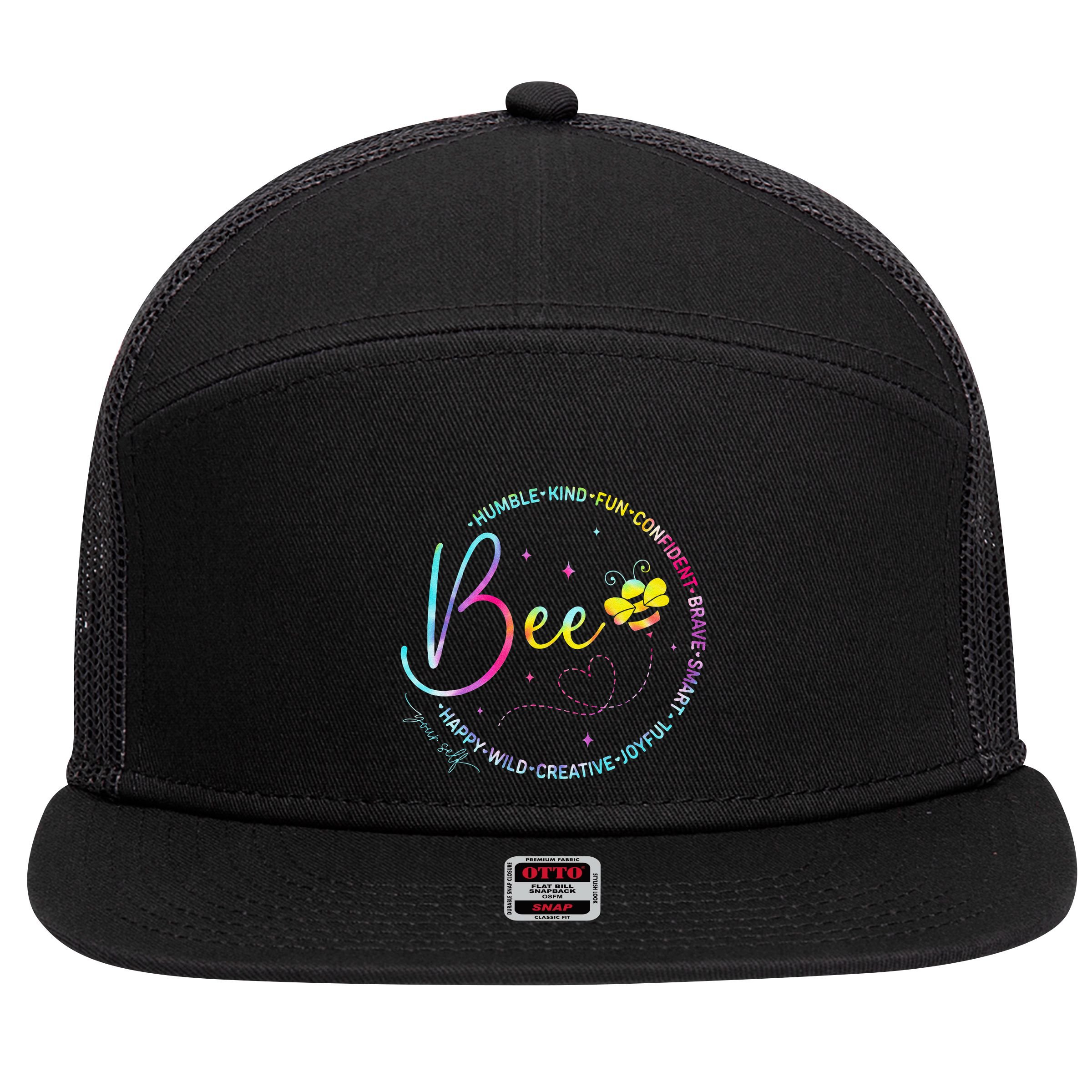 Bee Happy Kind Brave Humble Smart Positive Bumblebee 7 Panel Mesh Trucker Snapback Hat