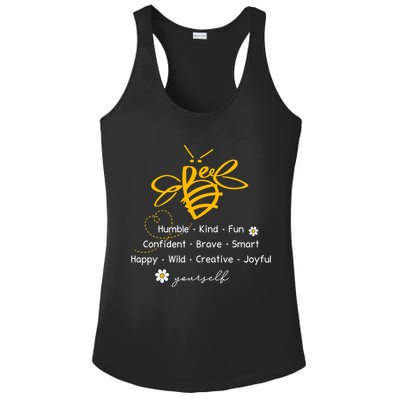 Bee Happy Kind Brave Humble Smart Positive Bumblebee Ladies PosiCharge Competitor Racerback Tank