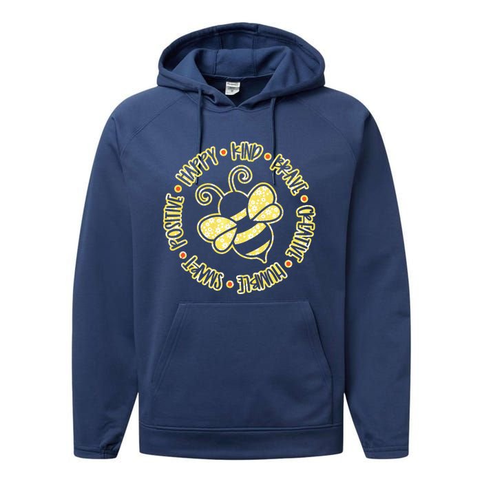 Bee Happy Kind Brave Humble Smart Positive Bumblebee Performance Fleece Hoodie