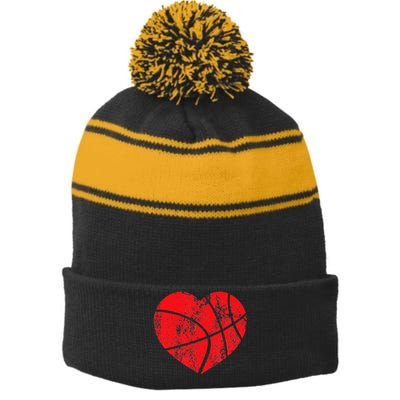 Basketball Heart Love Valentines Day Sport Player Coach Kids Stripe Pom Pom Beanie