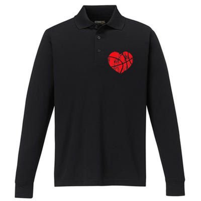 Basketball Heart Love Valentines Day Sport Player Coach Kids Performance Long Sleeve Polo