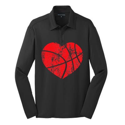 Basketball Heart Love Valentines Day Sport Player Coach Kids Silk Touch Performance Long Sleeve Polo