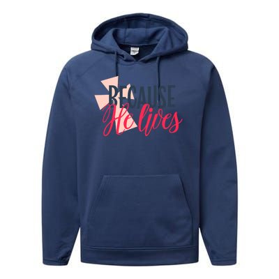 Because He Lives Jesus Cross Performance Fleece Hoodie