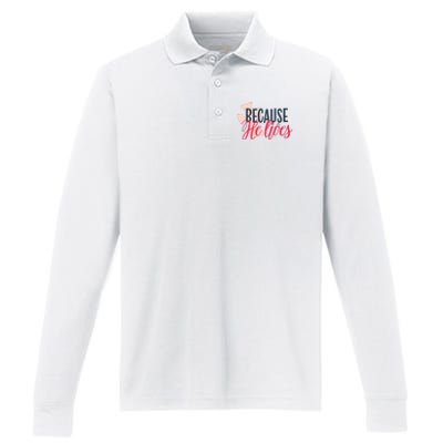 Because He Lives Jesus Cross Performance Long Sleeve Polo