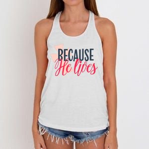 Because He Lives Jesus Cross Women's Knotted Racerback Tank