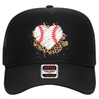 Baseball Heart Leopard TBall Heart Distress Baseball Heart High Crown Mesh Back Trucker Hat