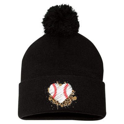 Baseball Heart Leopard TBall Heart Distress Baseball Heart Pom Pom 12in Knit Beanie