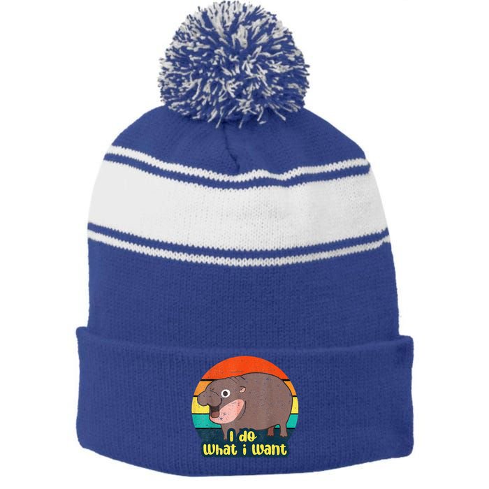 Baby Hippo Moo Deng I Do What I Want Stripe Pom Pom Beanie