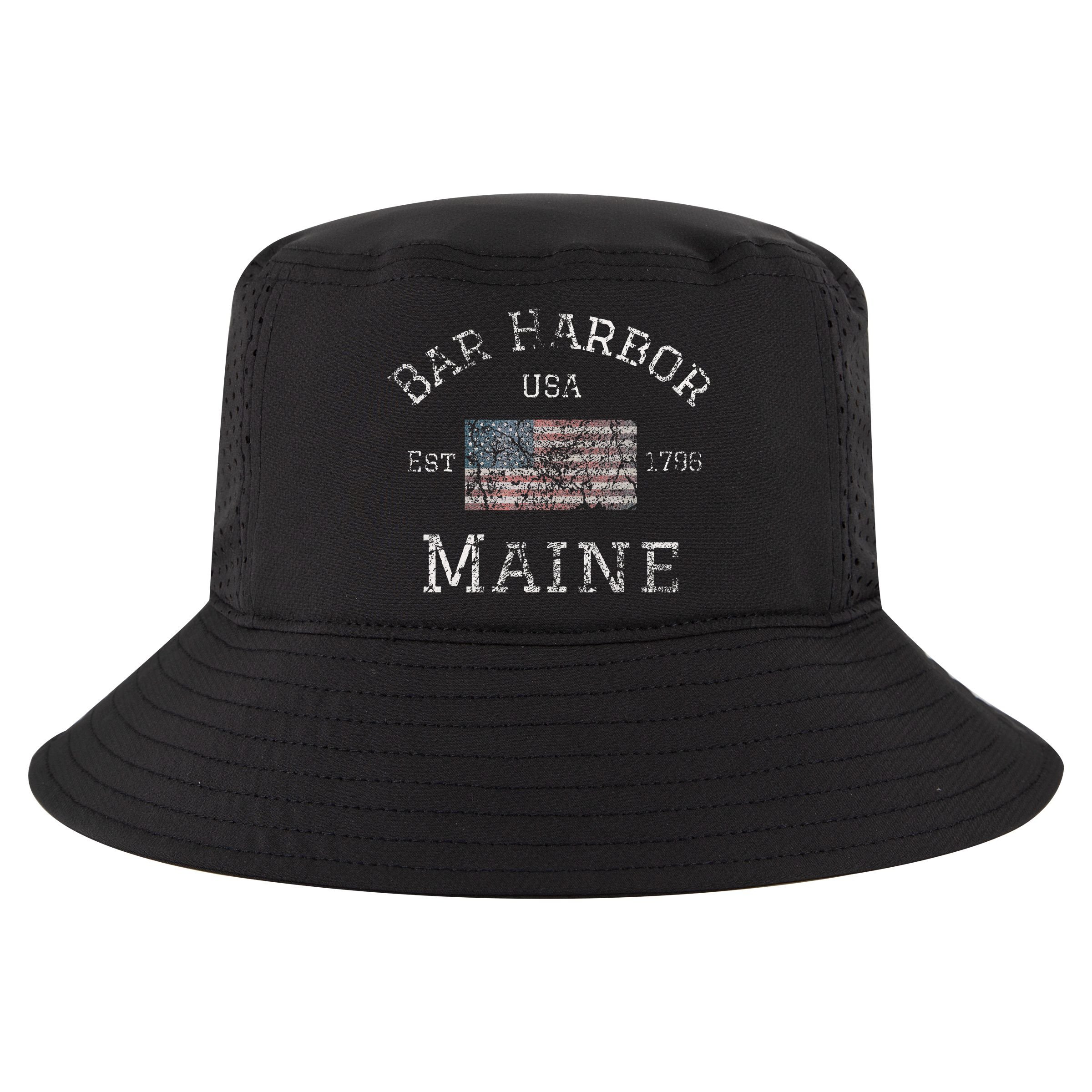 Bar Harbor Maine USA American Flag Established ME Vintage Cool Comfort Performance Bucket Hat