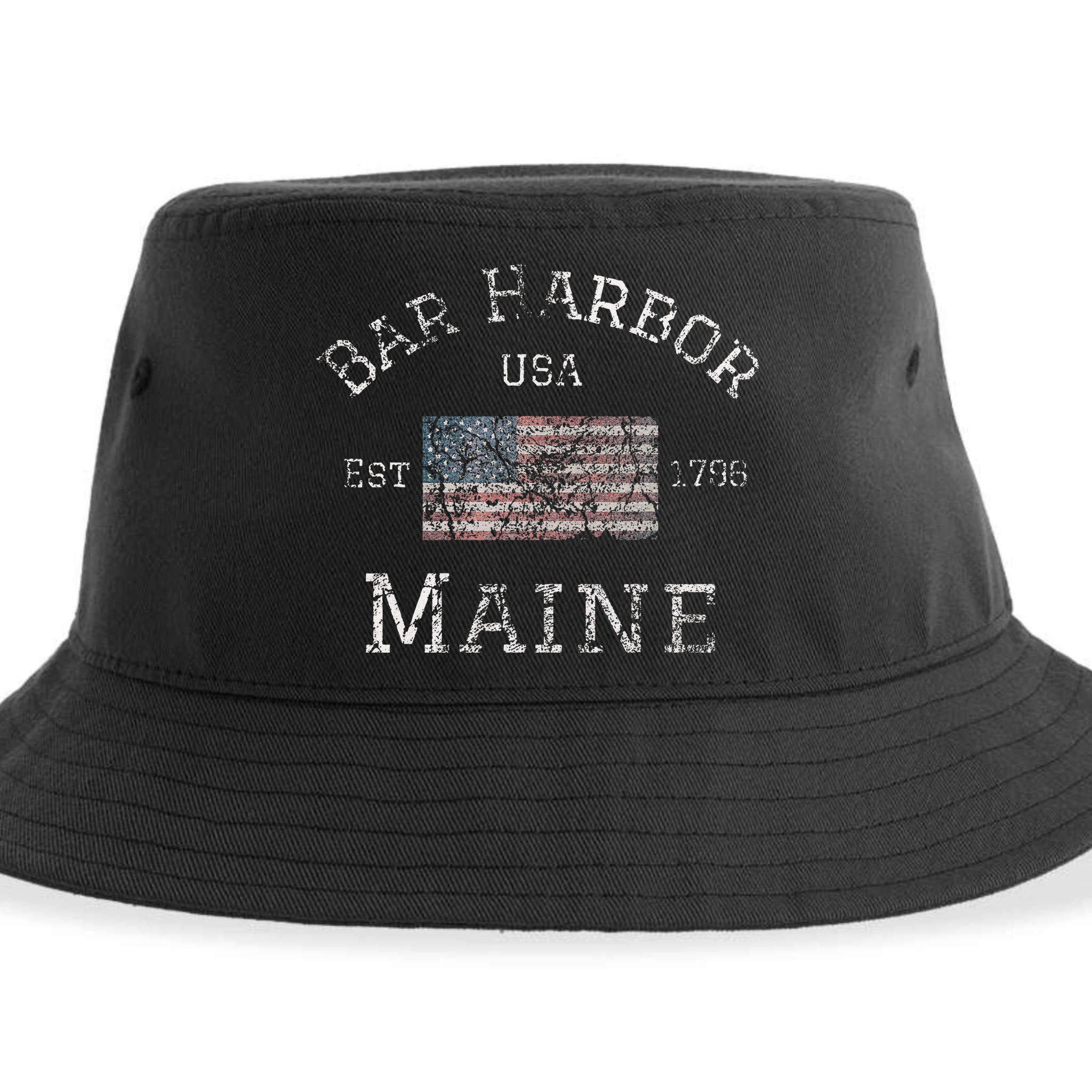 Bar Harbor Maine USA American Flag Established ME Vintage Sustainable Bucket Hat