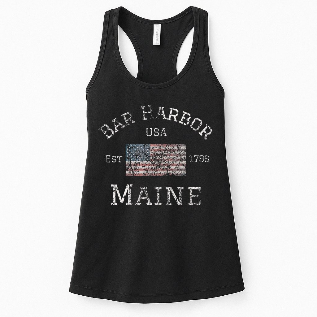 Bar Harbor Maine USA American Flag Established ME Vintage Womens Tank Top