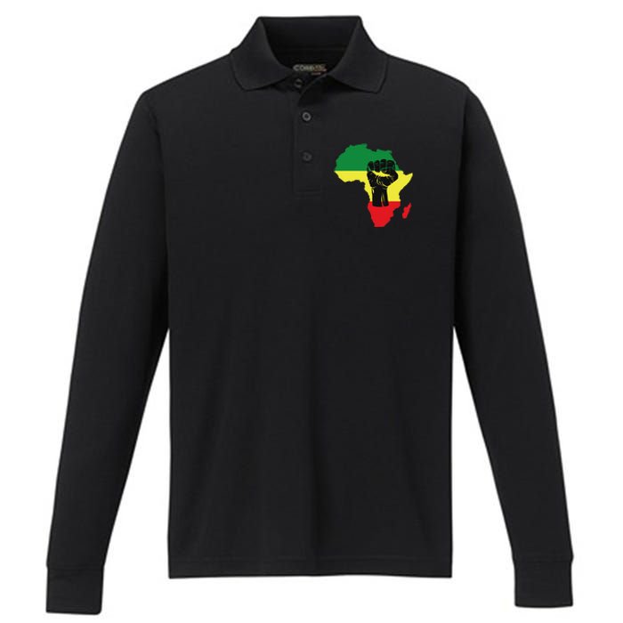 Black History Month Celebration African Map Fist Performance Long Sleeve Polo