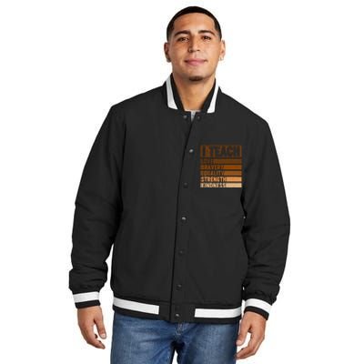 Black History Month I Teach Love Bravery Equality Strength Kindness Insulated Varsity Jacket