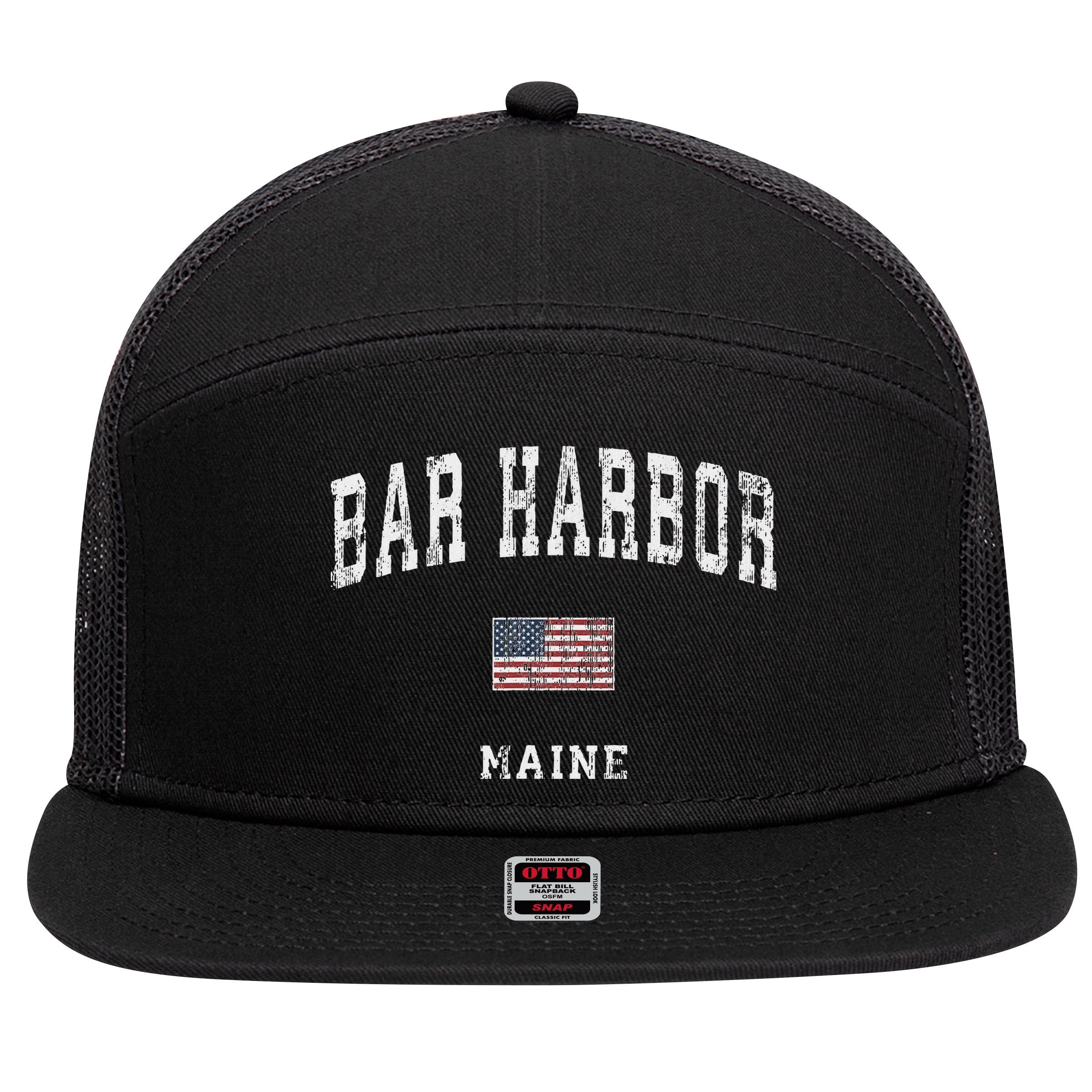 Bar Harbor Maine Me Vintage American Flag Sports Design 7 Panel Mesh Trucker Snapback Hat