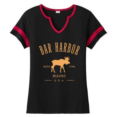 Bar Harbor Maine Usa With Moose Design Souvenir Ladies Halftime Notch Neck Tee