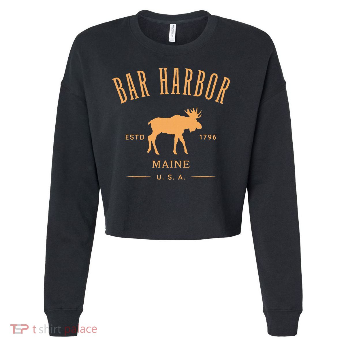 Bar Harbor Maine Usa With Moose Design Souvenir Cropped Pullover Crew